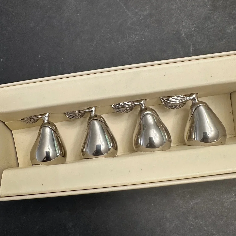 Pottery Barn Silver Tone Pear Shaped Placecard Holders Accent -New 4 pc
